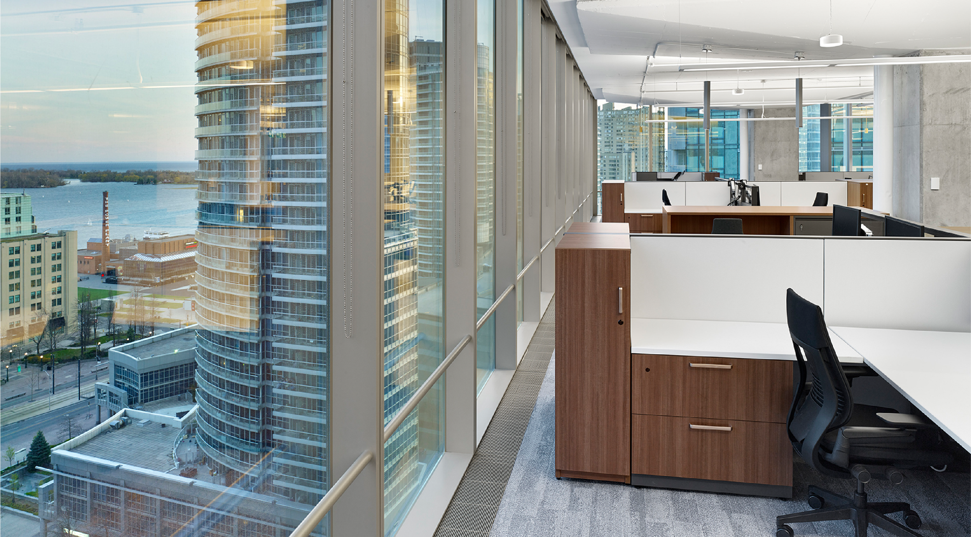 Large corporate boardroom setup with display screens at Bentall