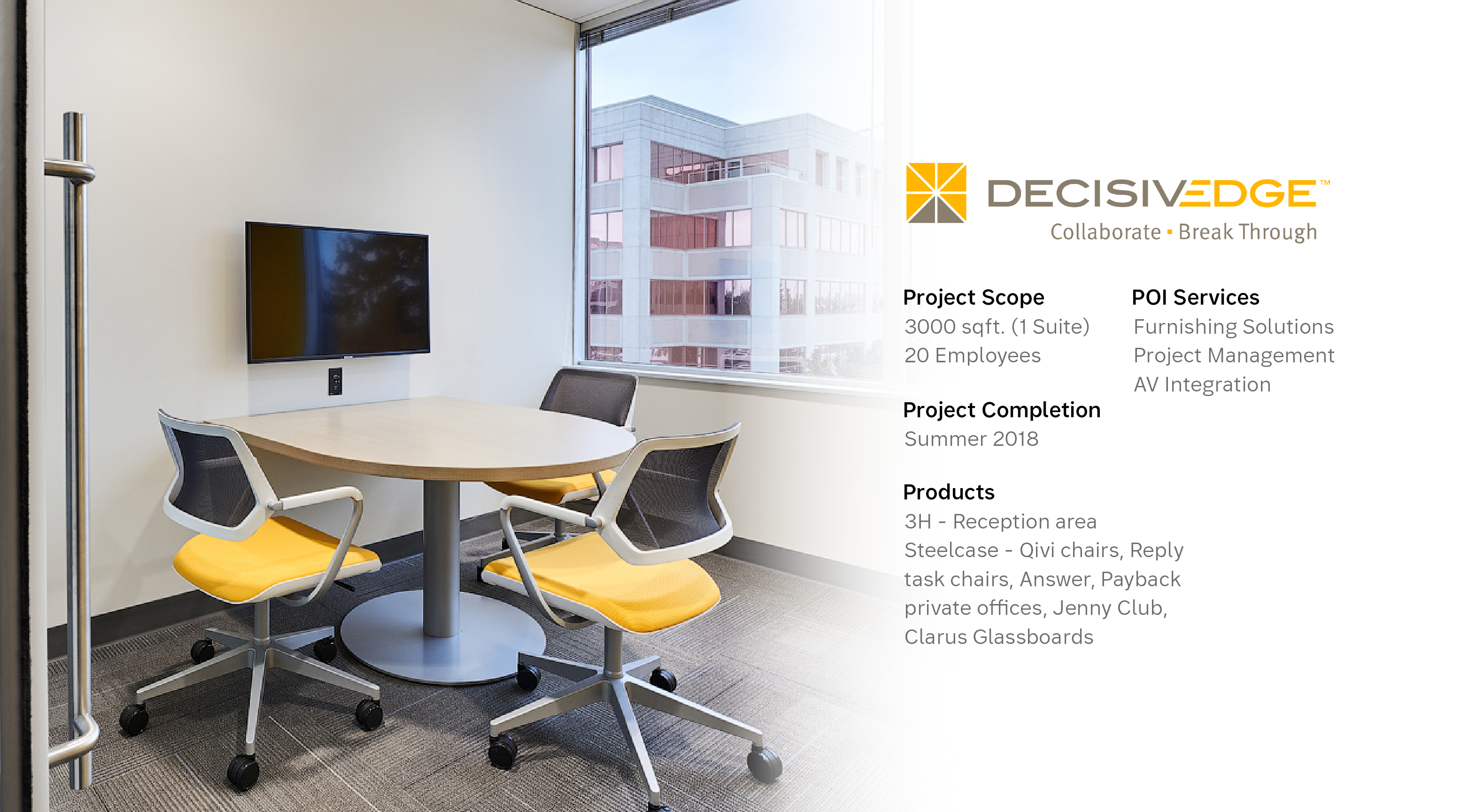 Primary lobby reception capturing organizational brand tones at Decisivedge