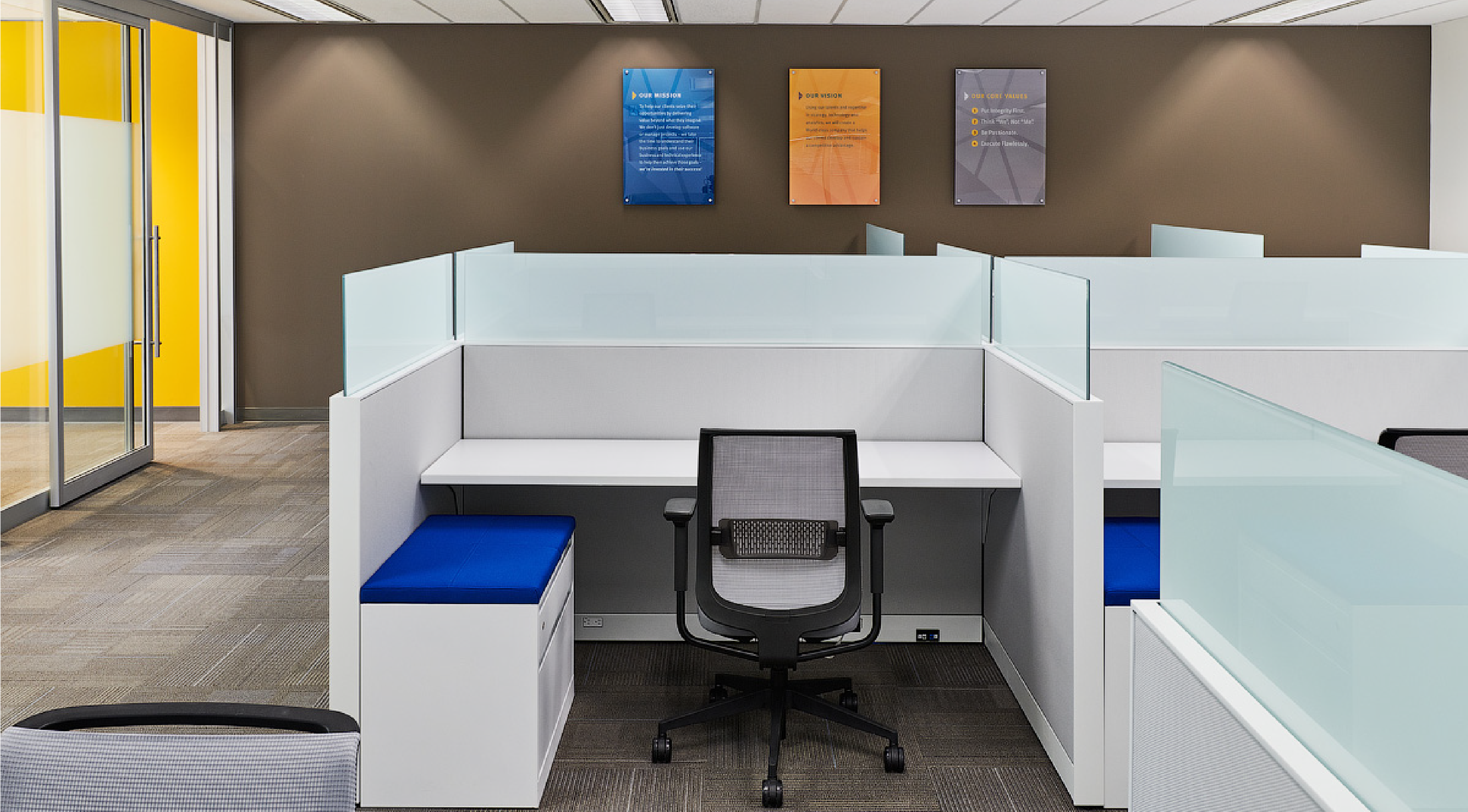 Clean minimal aesthetic transparent office separation format at Decisivedge